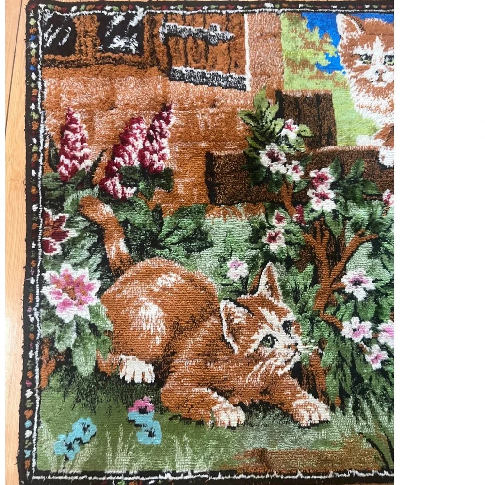 Vintage Velvet Tapestry Kittens Beagle Dog Garden Wall Hanging 38x19 Retro Decor
